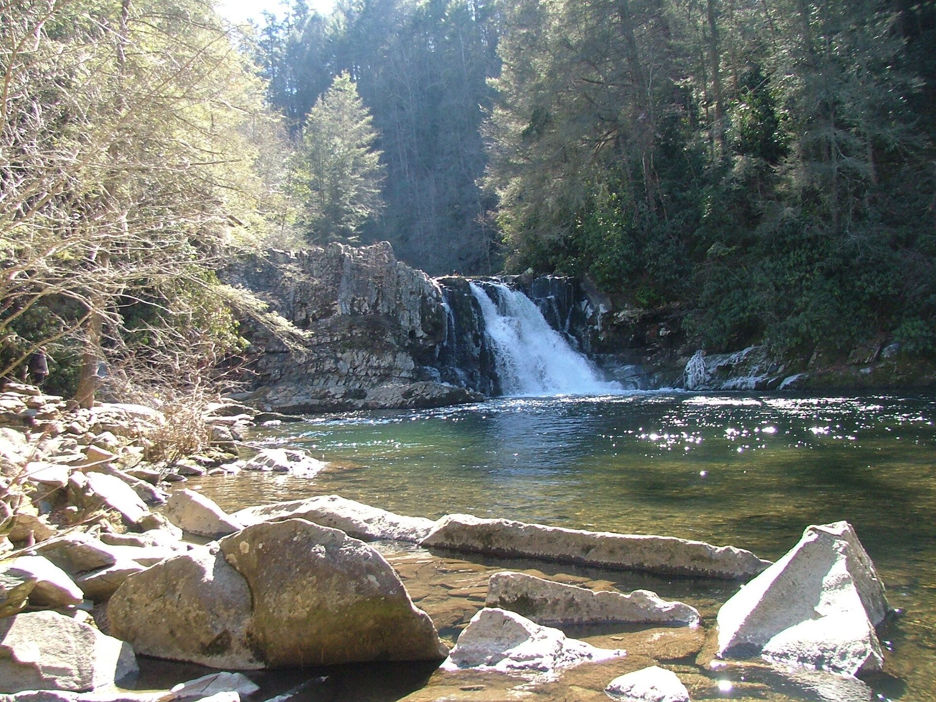 The wide pool below Abrams Falls, with boulders along the bank