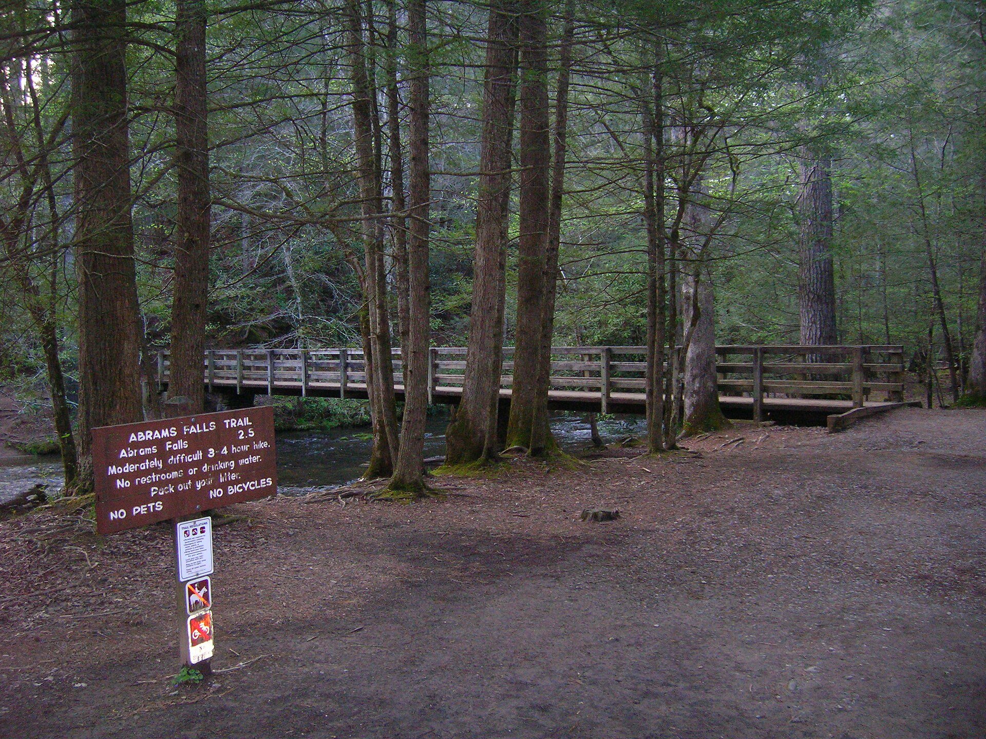 The trailhead sign and the first footbridge over Abrams Creek