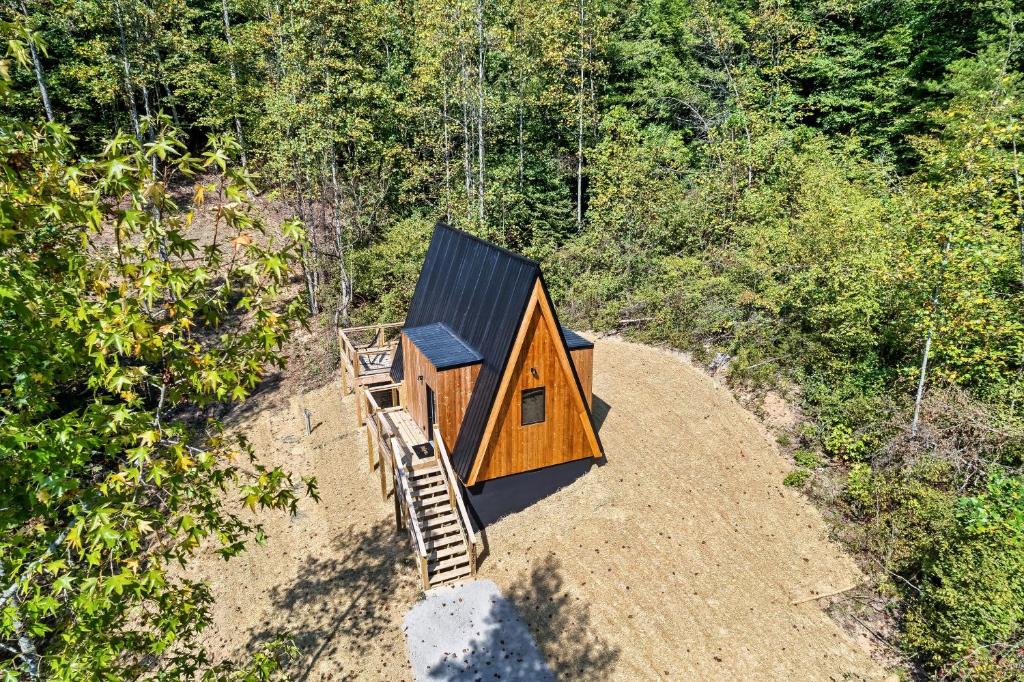 The A-frame on its wooded lot, seen from above · © An Escape to the Forest