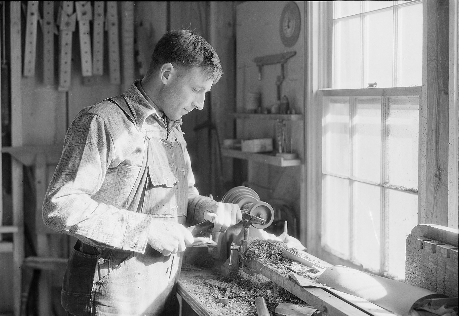 A Gatlinburg woodworker at his lathe, photographed in 1933