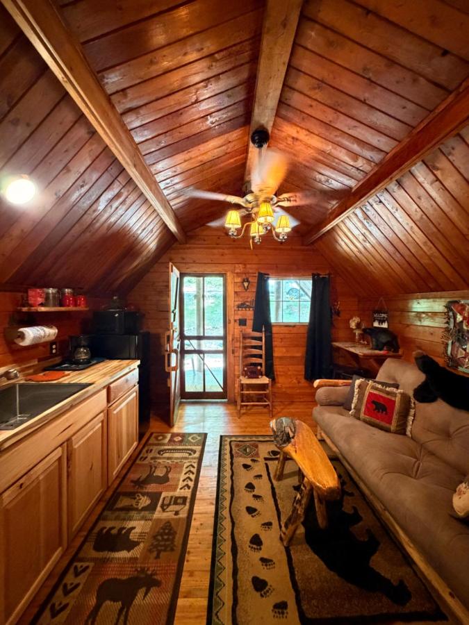 The open living room and kitchenette beneath a vaulted timber ceiling · © Big Bear Log Cabin