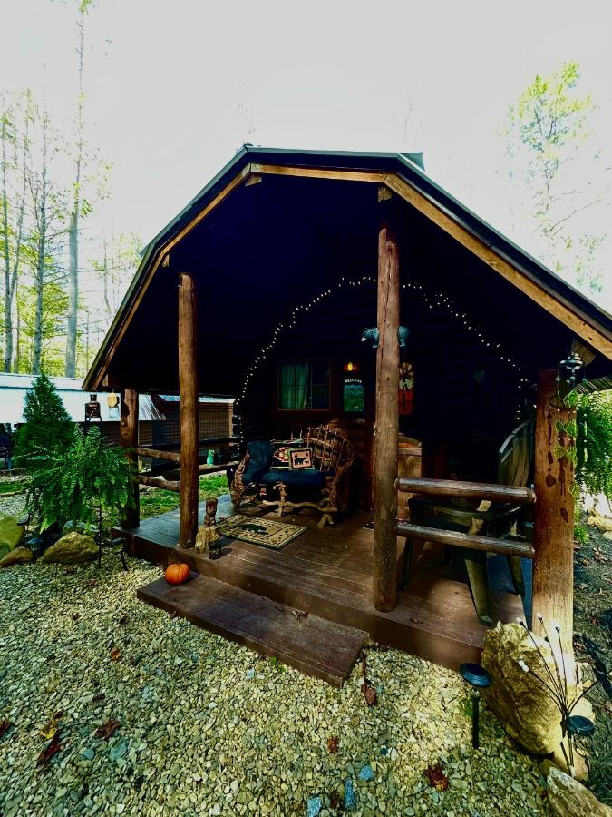 The covered porch strung with lights over the gravel yard · © Big Bear Log Cabin