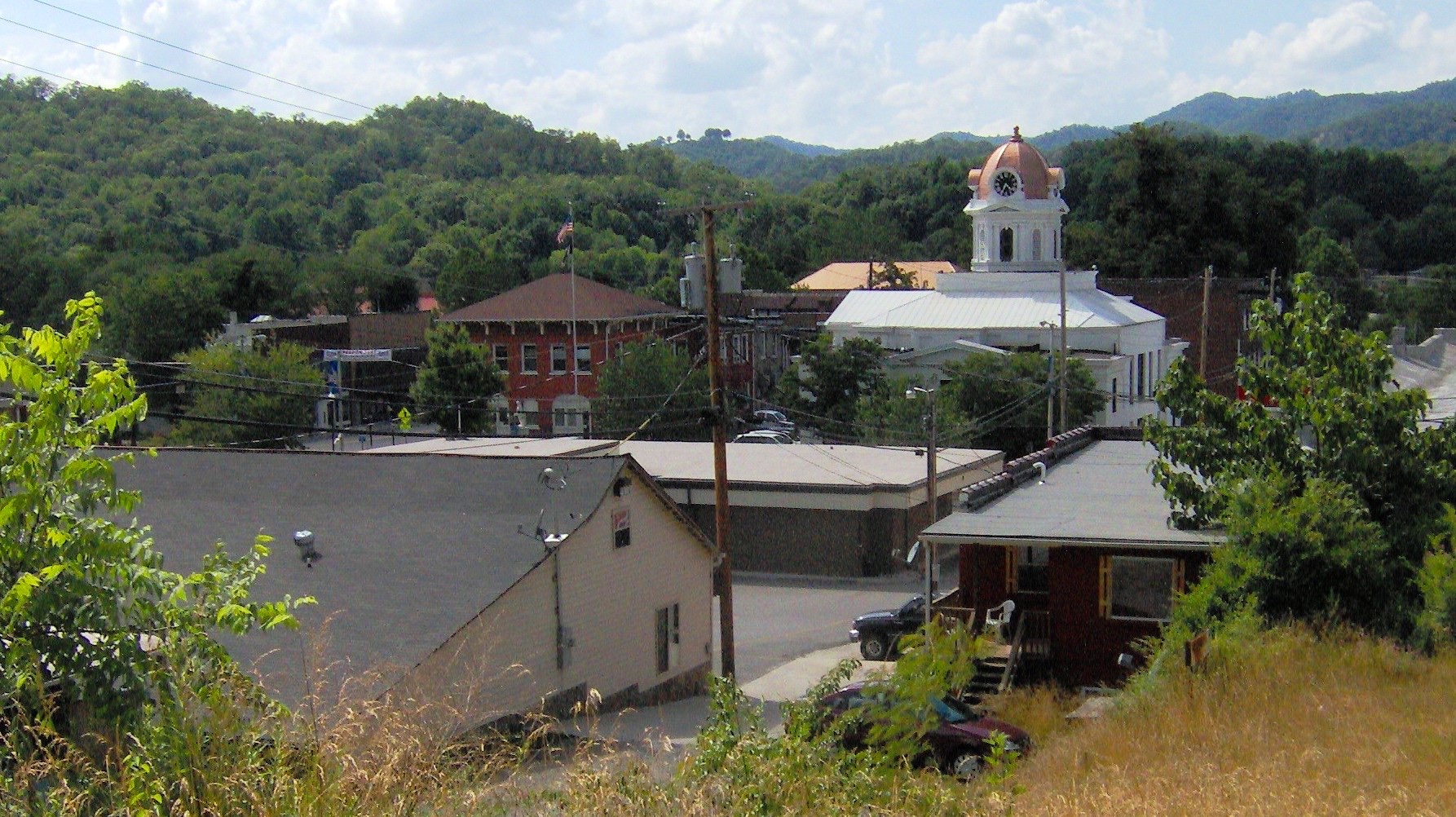 Bryson City from a hillside, the old courthouse clock tower right of center