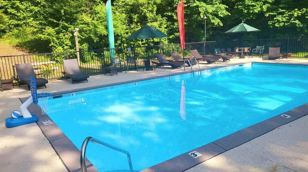 The shared seasonal pool in the Shagbark community · © Cabin Coco