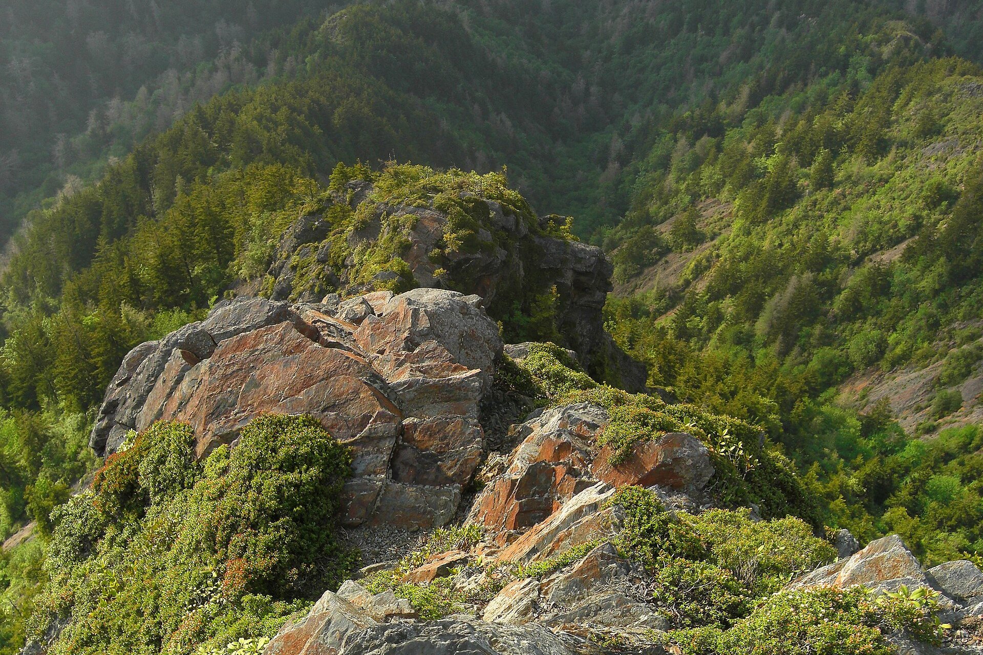 Slate, heath and a steep fall-away into the valley at the outcrop