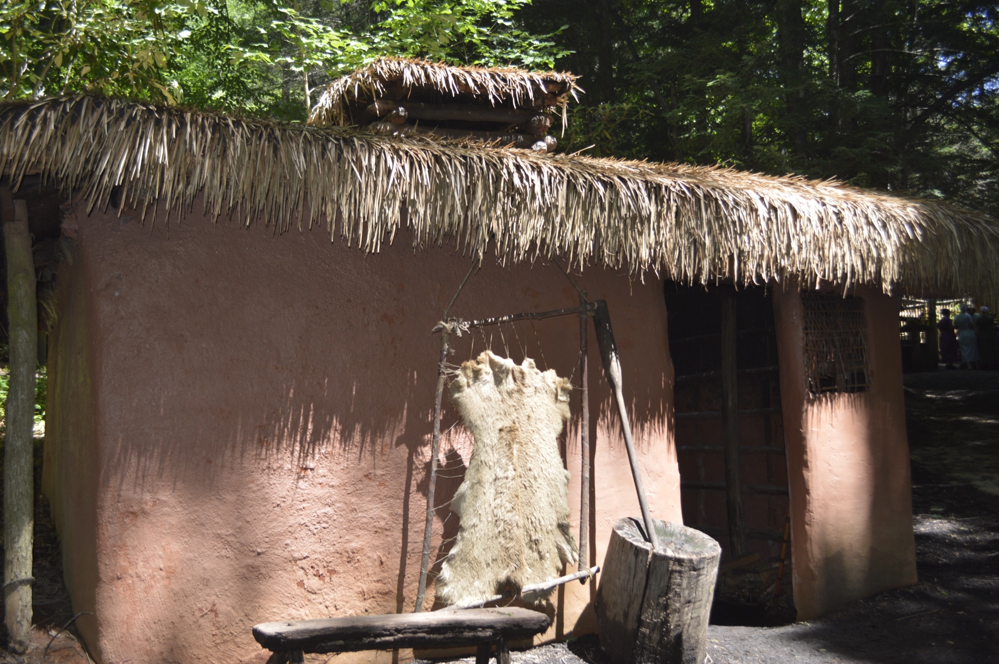 A thatched house with a drying hide at the Oconaluftee Indian Village