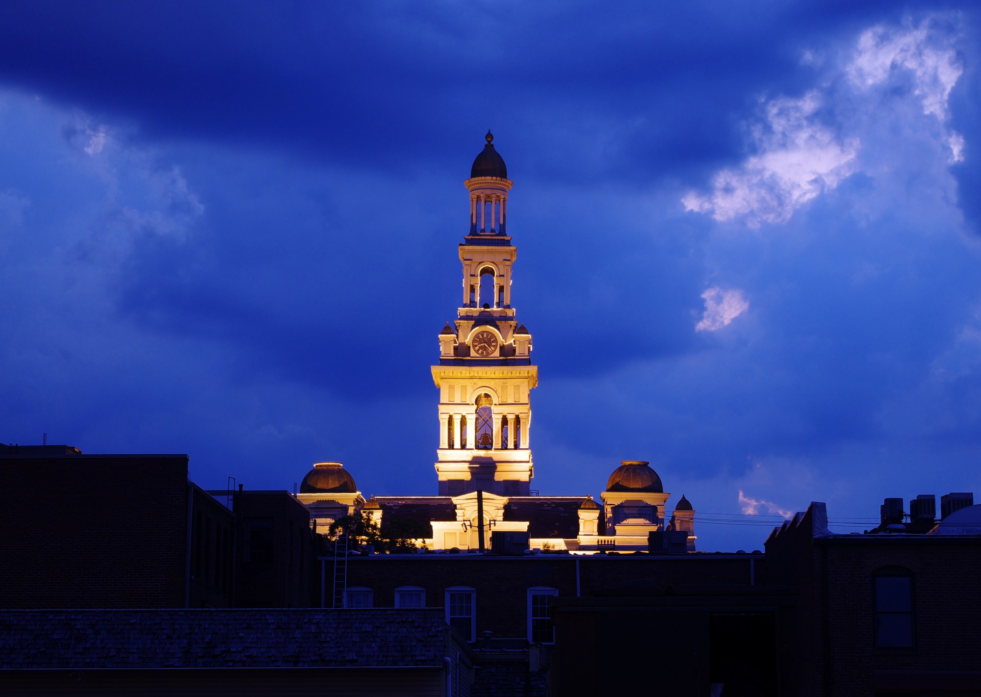 The Sevier County Courthouse lit at night, the setting of Sevierville's Christmas tree lighting (seen here in spring)