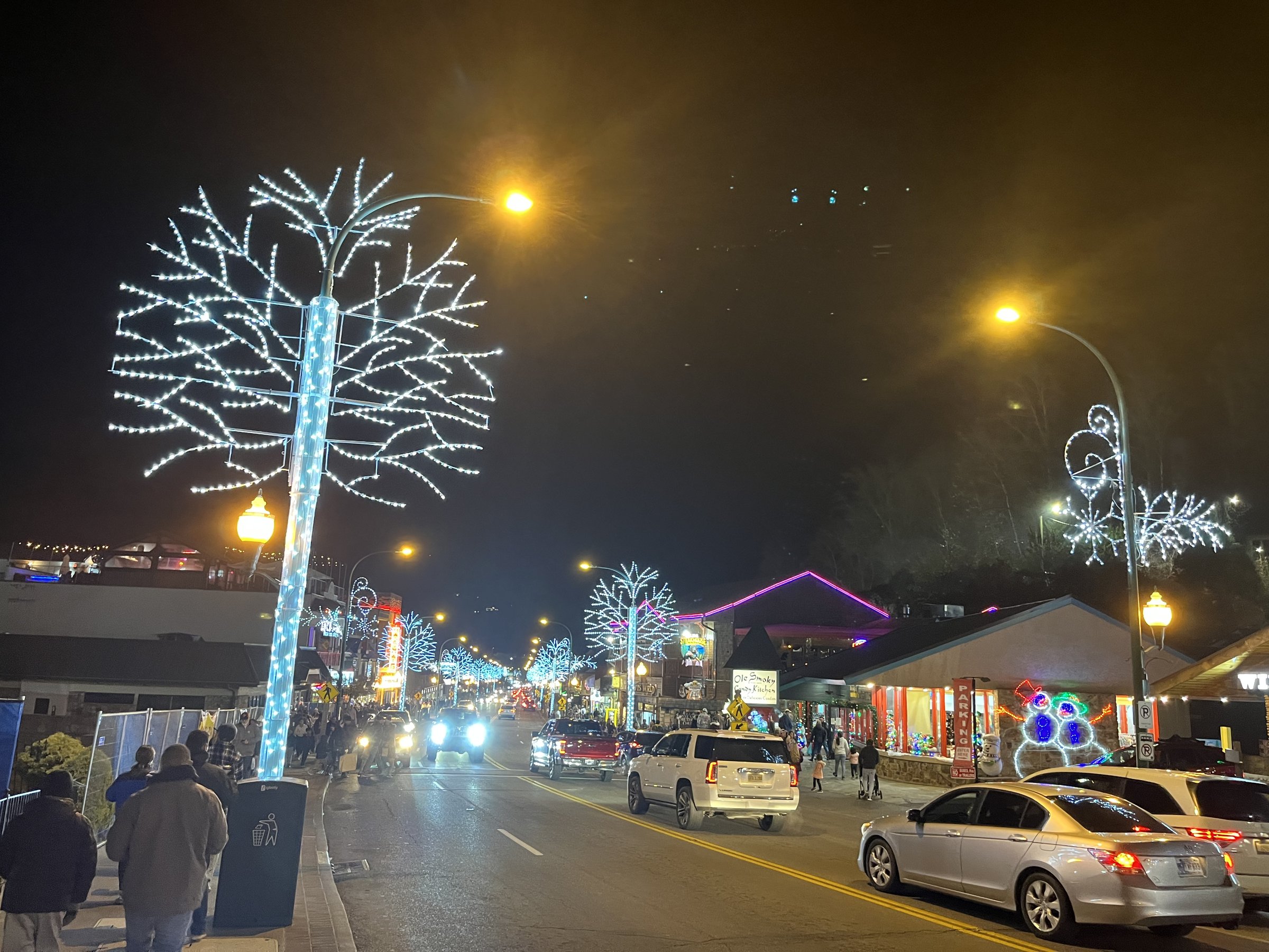 Tree-shaped lights on the lampposts of Gatlinburg's Parkway in late November