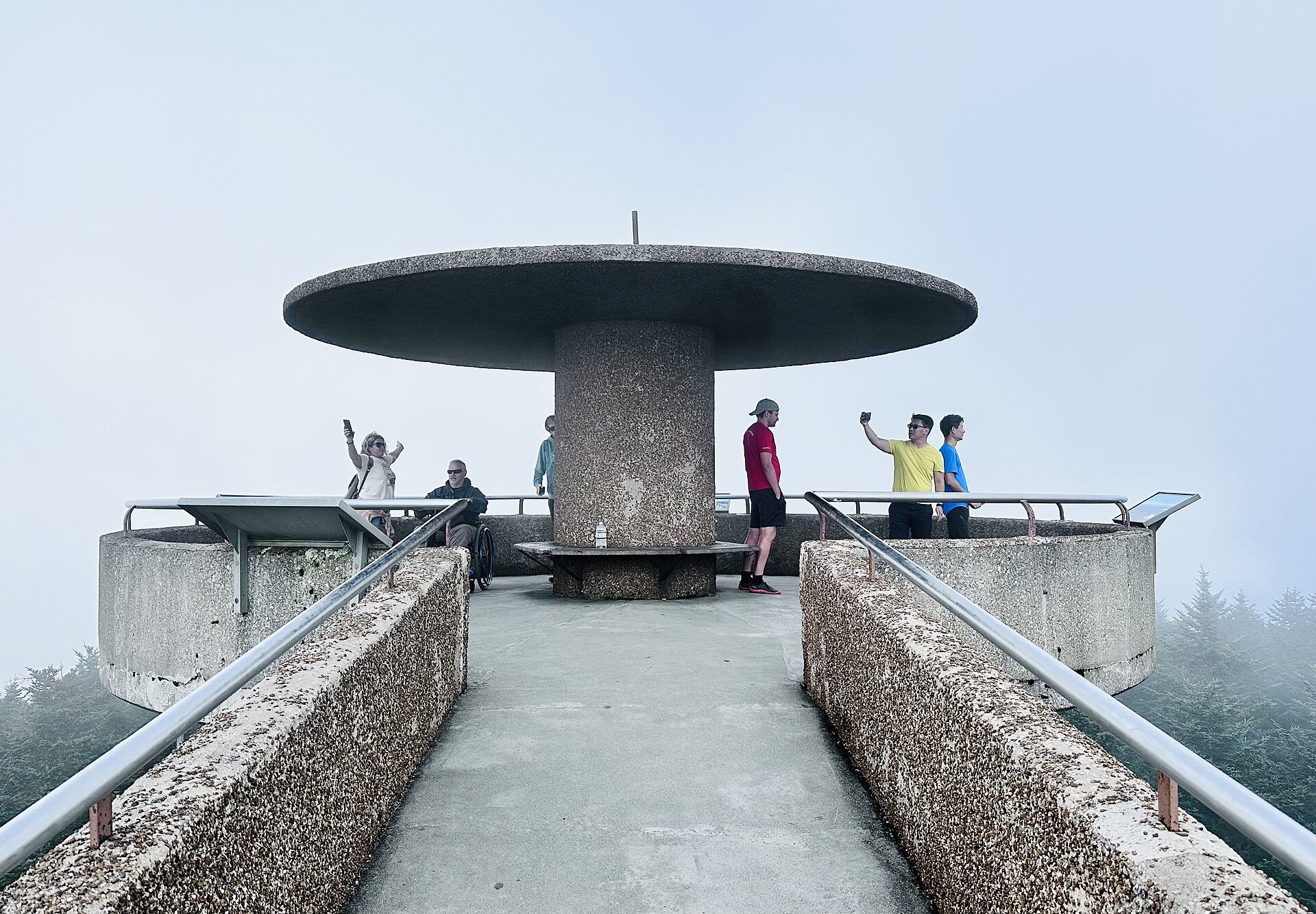 The tower platform on a fogged-in day, the view reduced to white