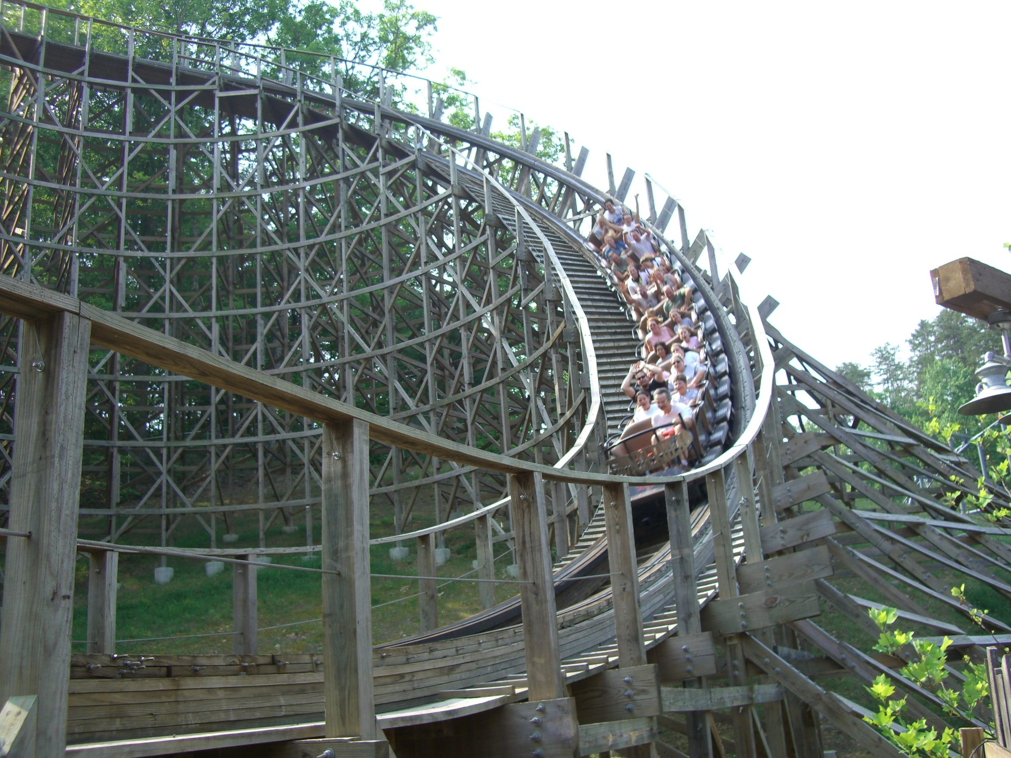 A train of riders on Thunderhead, the park's wooden coaster