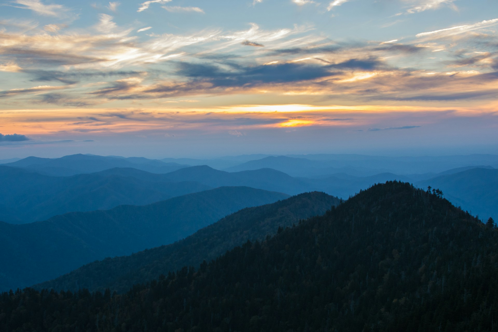 Low sun over layered ridges in the Great Smoky Mountains