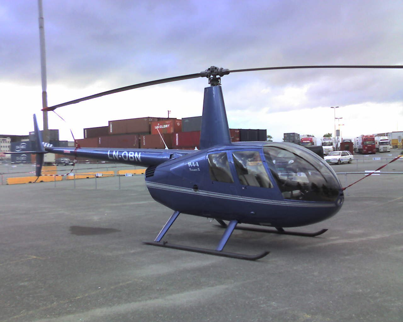 A Robinson R44, a small tour helicopter type, here in Trondheim, Norway