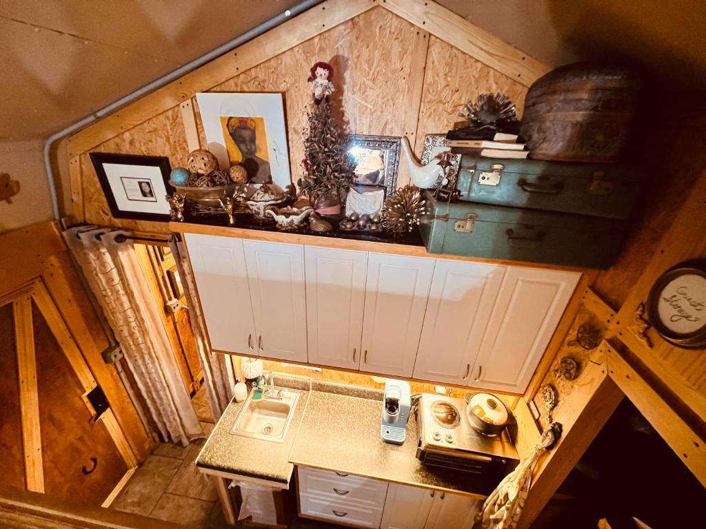 The kitchenette seen from the loft, with sink, coffee maker and cooktop · © Jones Cove Tiny House