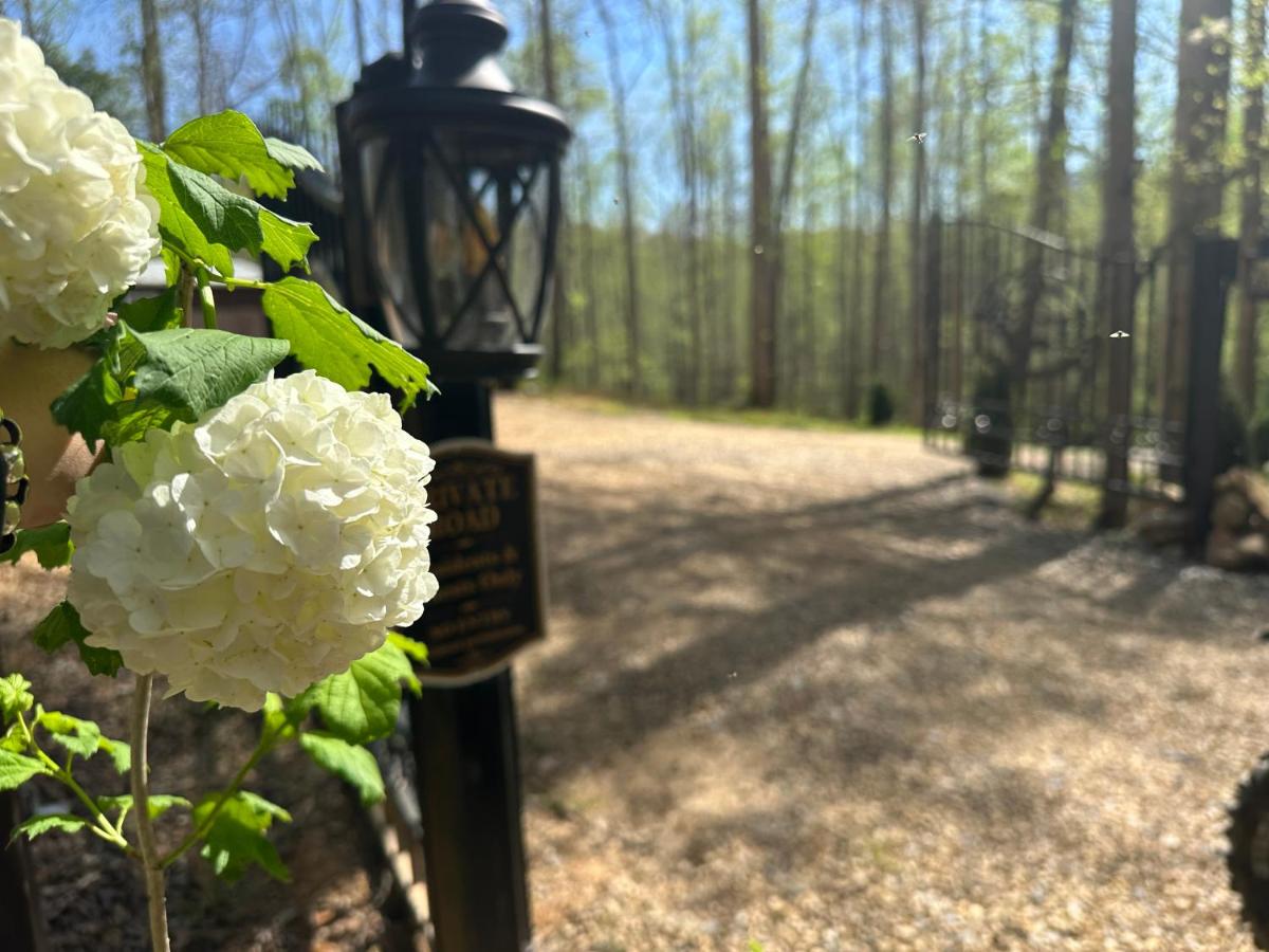 The gated private drive, hydrangeas at the post and woods beyond · © Little Bear Tiny Cabin