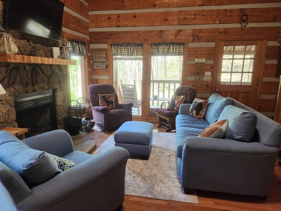 The living room around its stone fireplace, sofas facing the woods · © MoonPie Hideaway