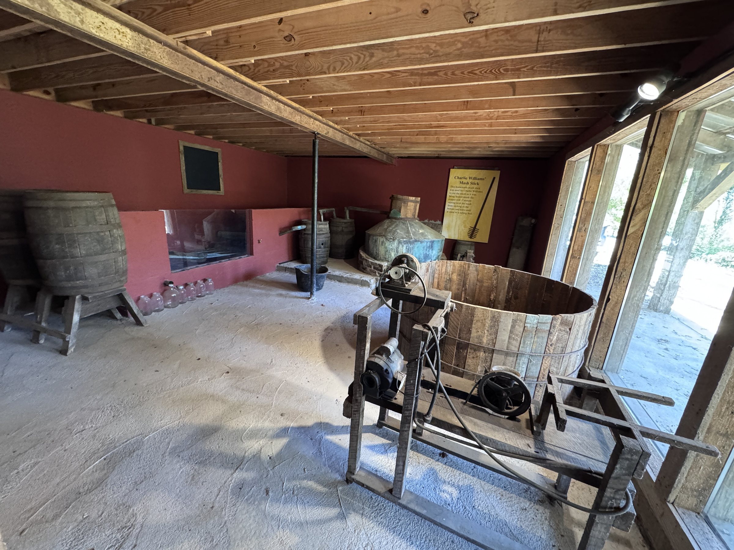 An old copper still, barrels and a mash tub at the Heritage Center in Townsend