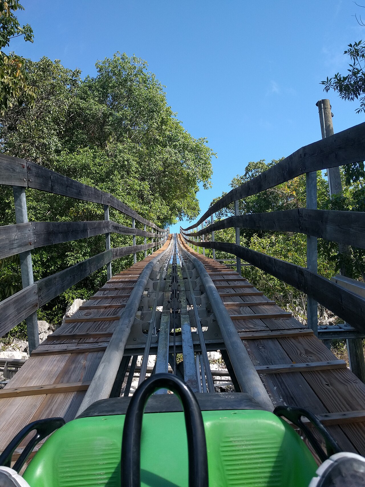 The rider's view from the sled seat, looking along the rail