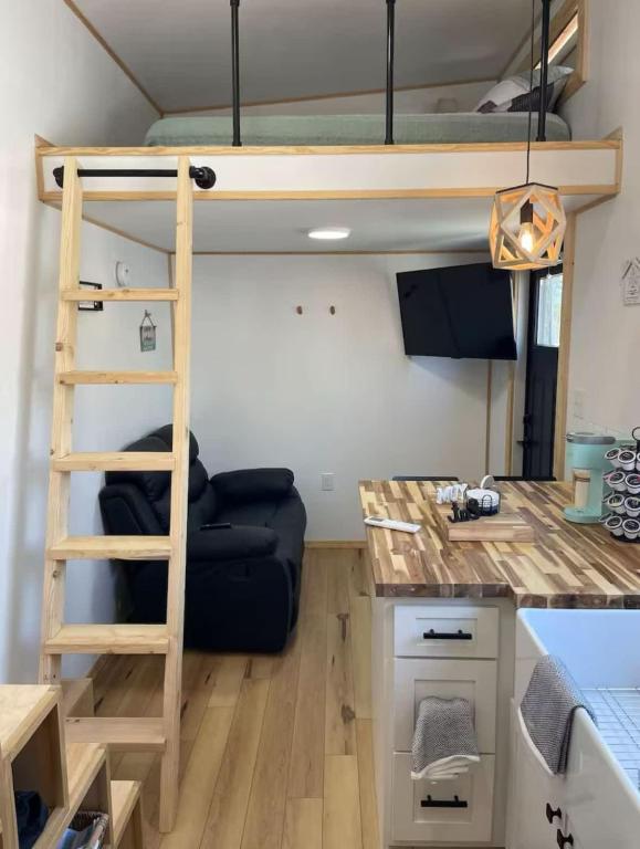 The ladder to the sleeping loft above the sitting area · © Mountain Top Tiny House