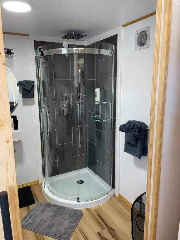 The glass-walled corner shower in the bathroom · © Mountain Top Tiny House