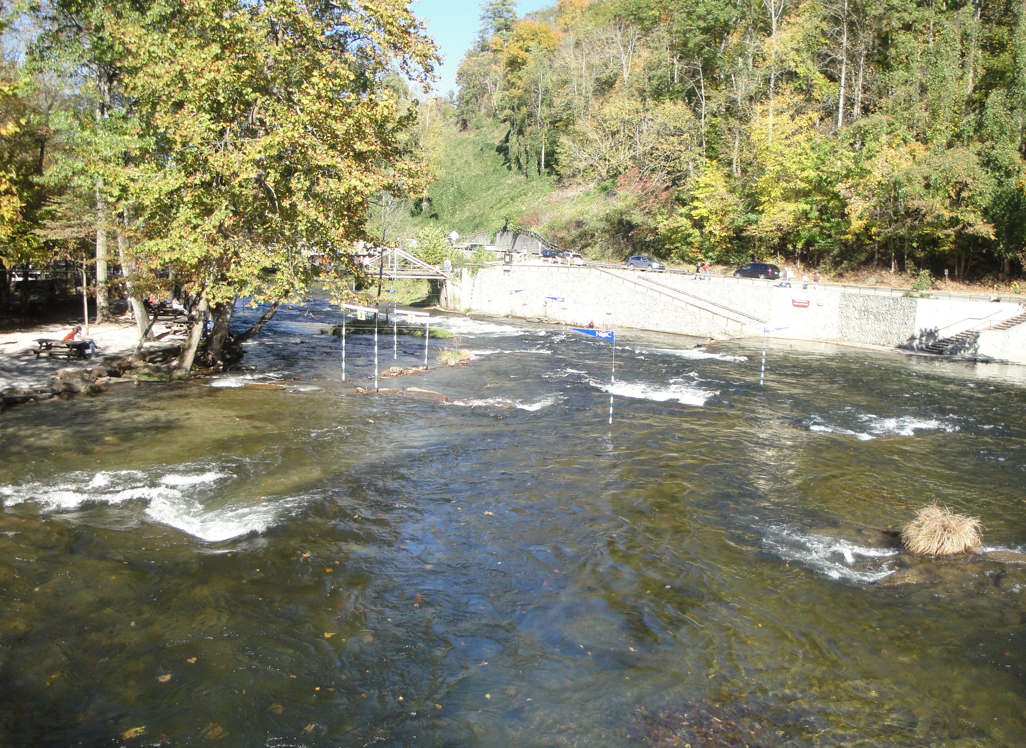 Slalom gates over the river at NOC, seen from the Appalachian Trail