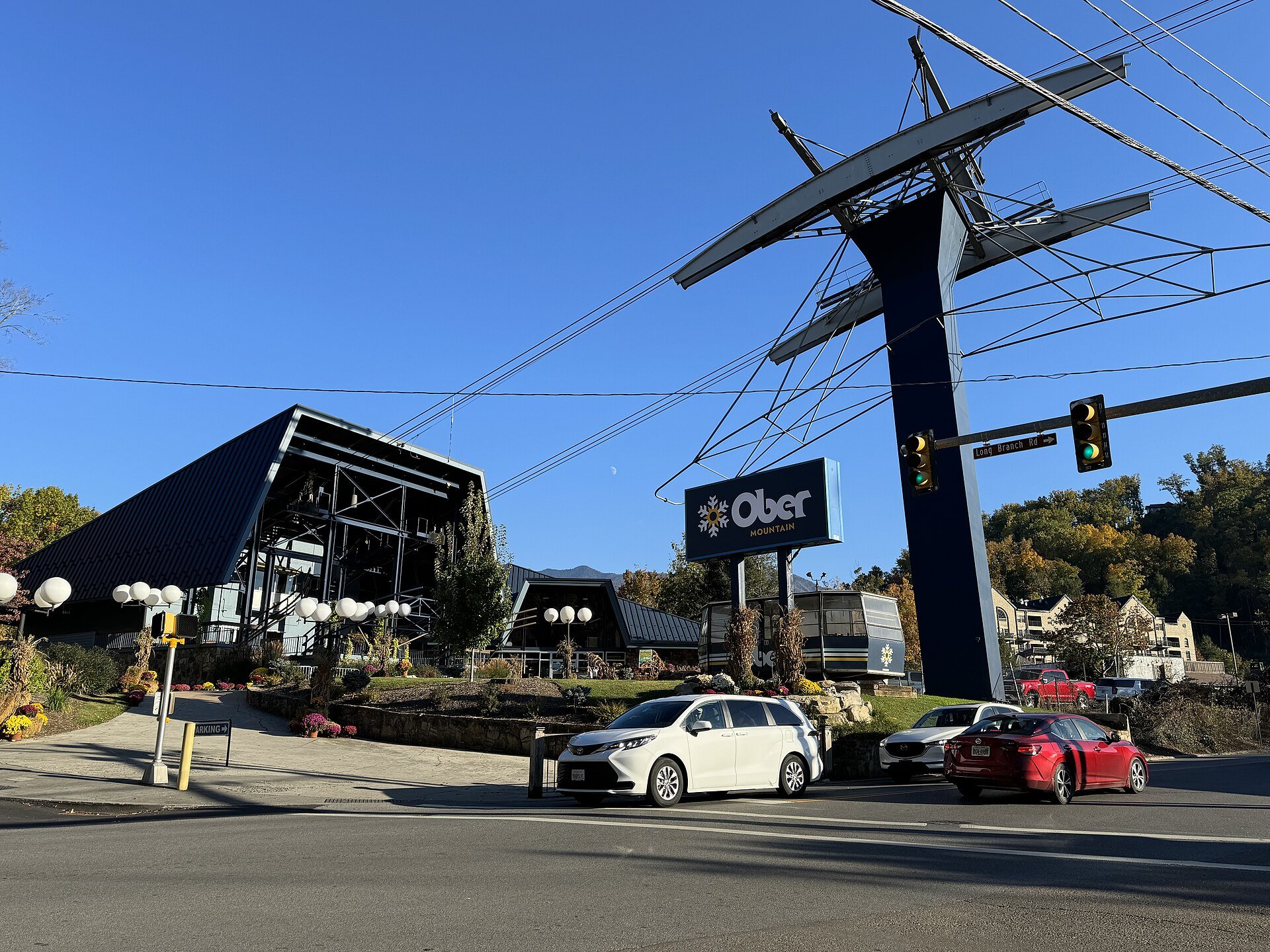 The downtown tram station on the Parkway in 2023, under the Ober Mountain sign of the time