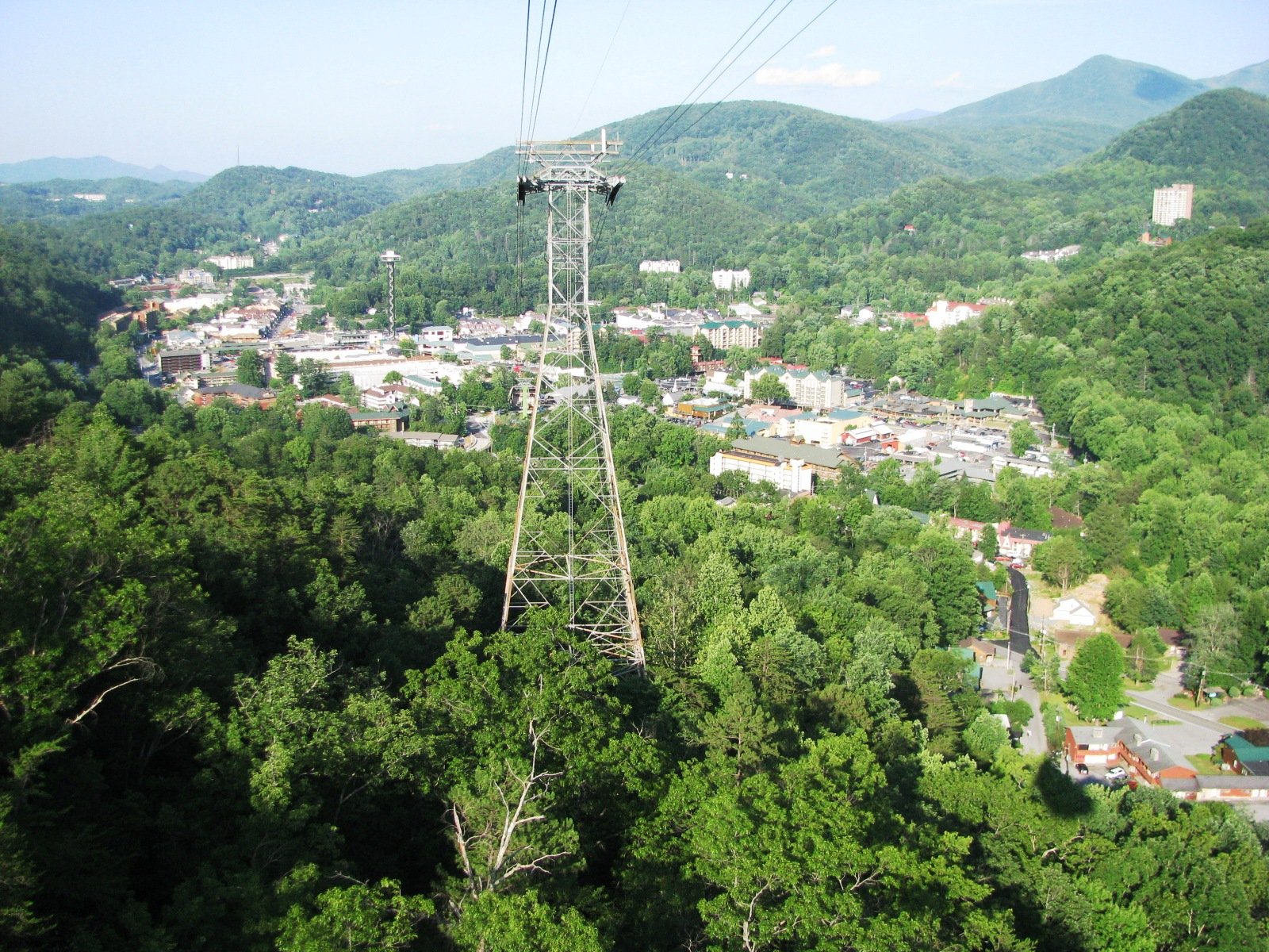 Downtown Gatlinburg below a tower of the Ober tram line