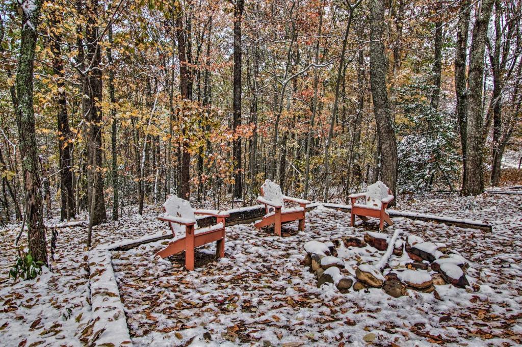 Adirondack chairs around the stone fire ring in the woods · © The Wraparound Deck Cabin