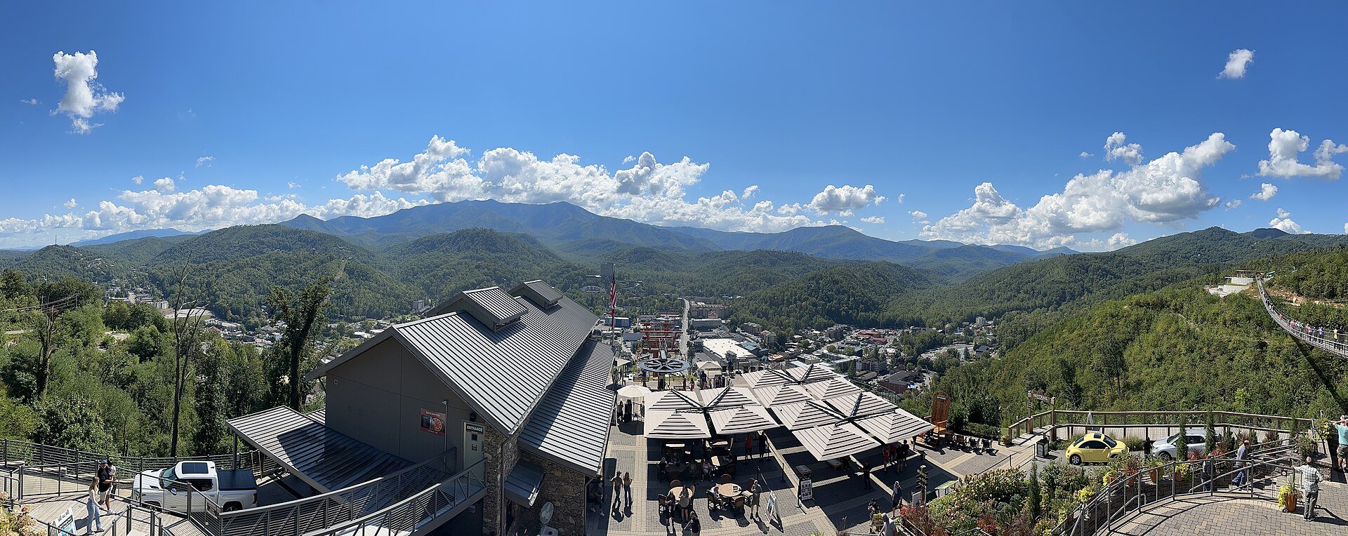 The mountaintop park and its terraces, with the Smokies on the horizon