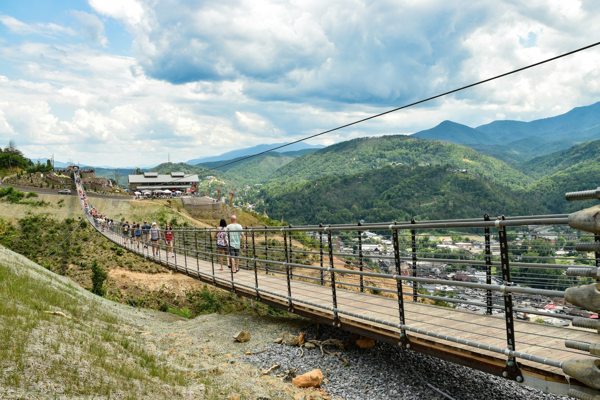 Walkers on the SkyBridge span, with Gatlinburg and the Smokies beyond