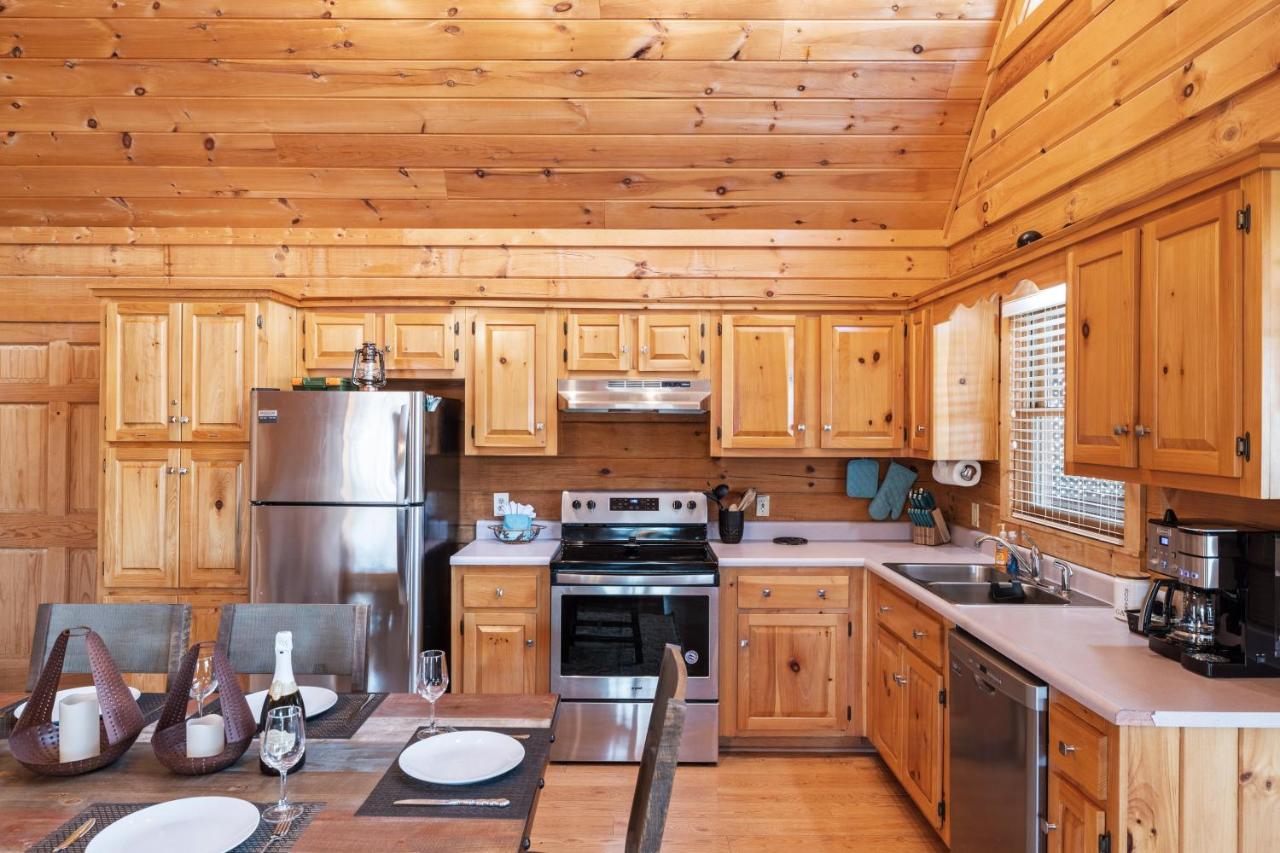 The full kitchen with stainless appliances and cabin cabinetry · © SunnySierra Cabin