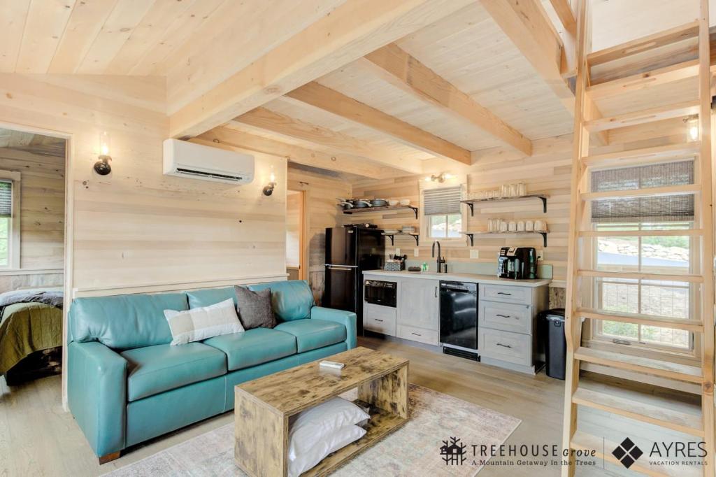 The living room, open kitchen and loft ladder · © The Moosewood at Treehouse Grove