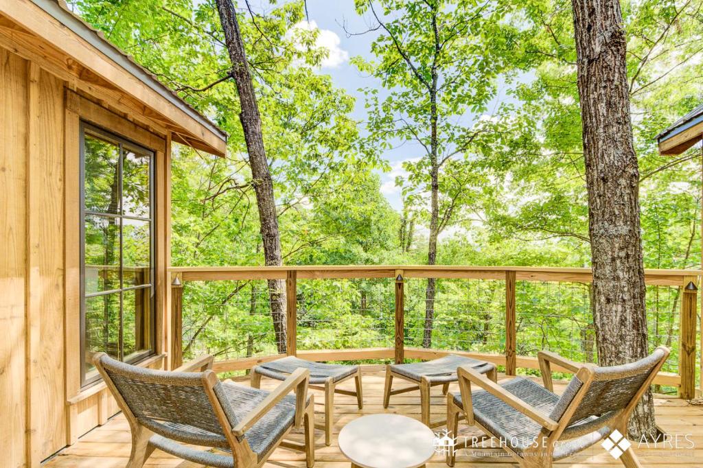 Lounge chairs on a deck among the trunks · © The Mulberry at Treehouse Grove