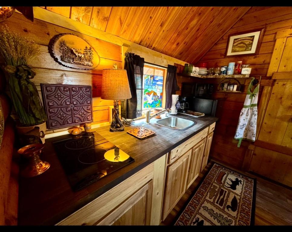 The kitchenette with stovetop and sink under a stained-glass window · © The Raven