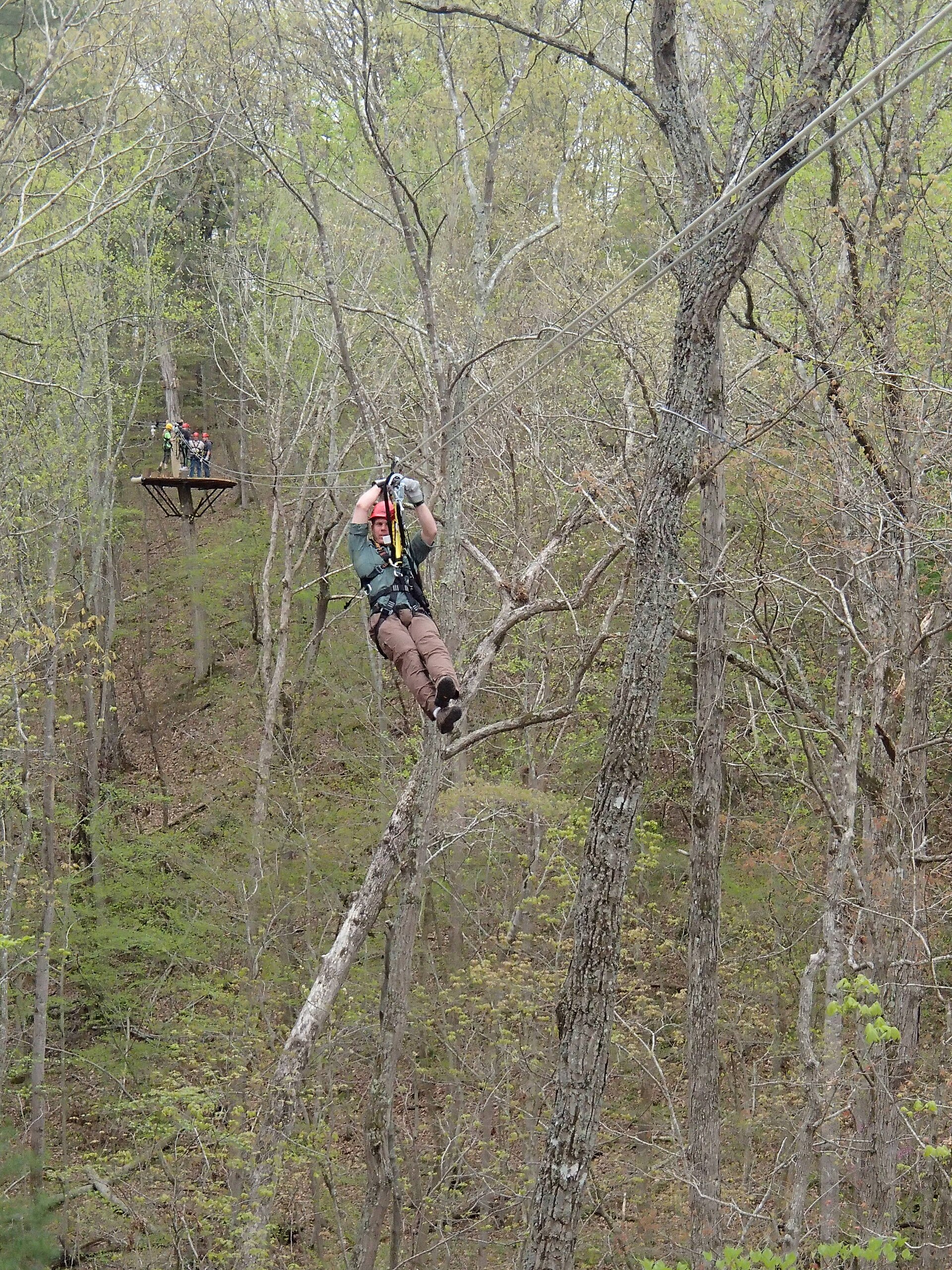 A rider on a zip line through spring woods at Shenandoah River State Park, Virginia