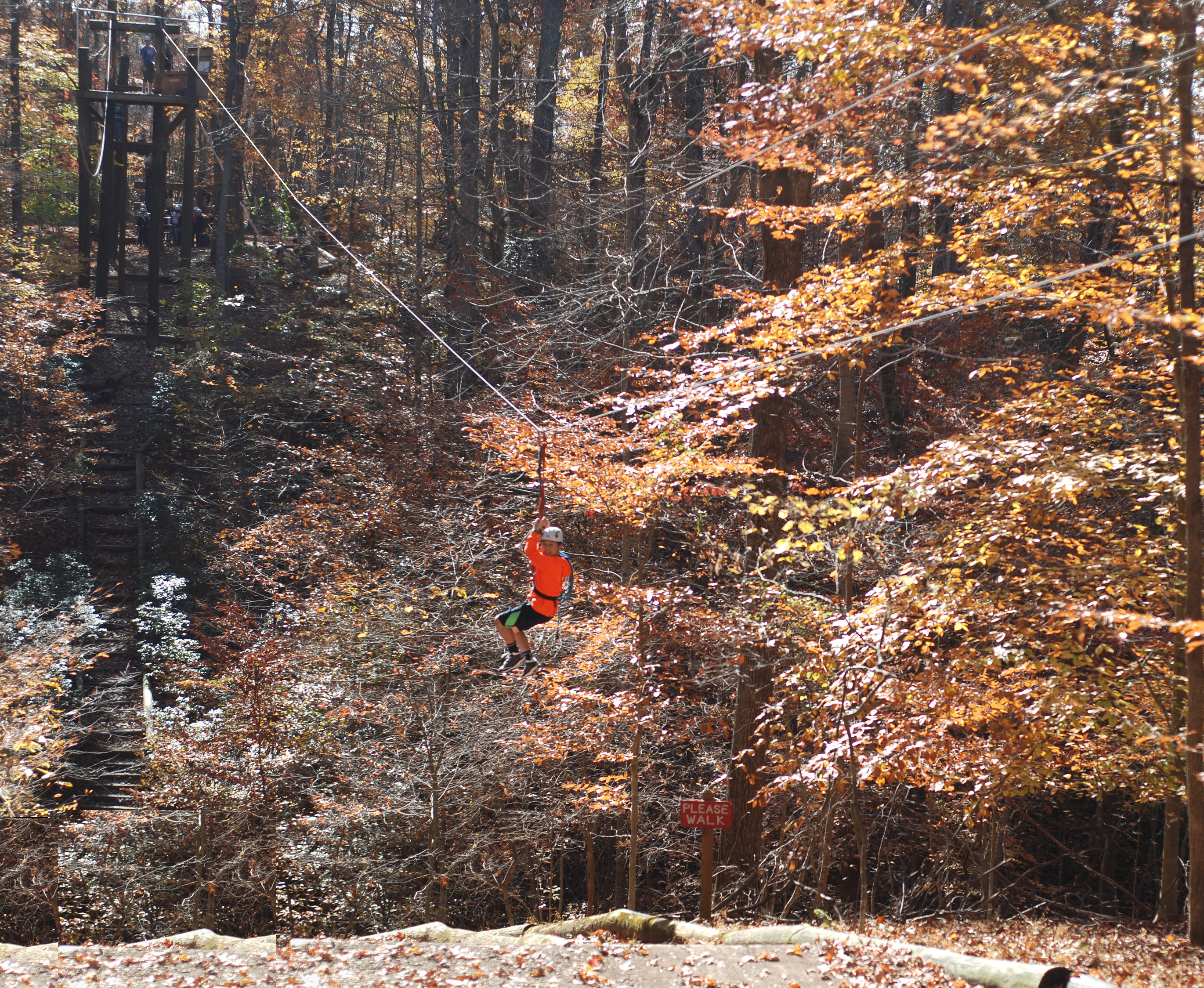 A young rider on the zip line at Hemlock Overlook, Virginia, not the Smokies