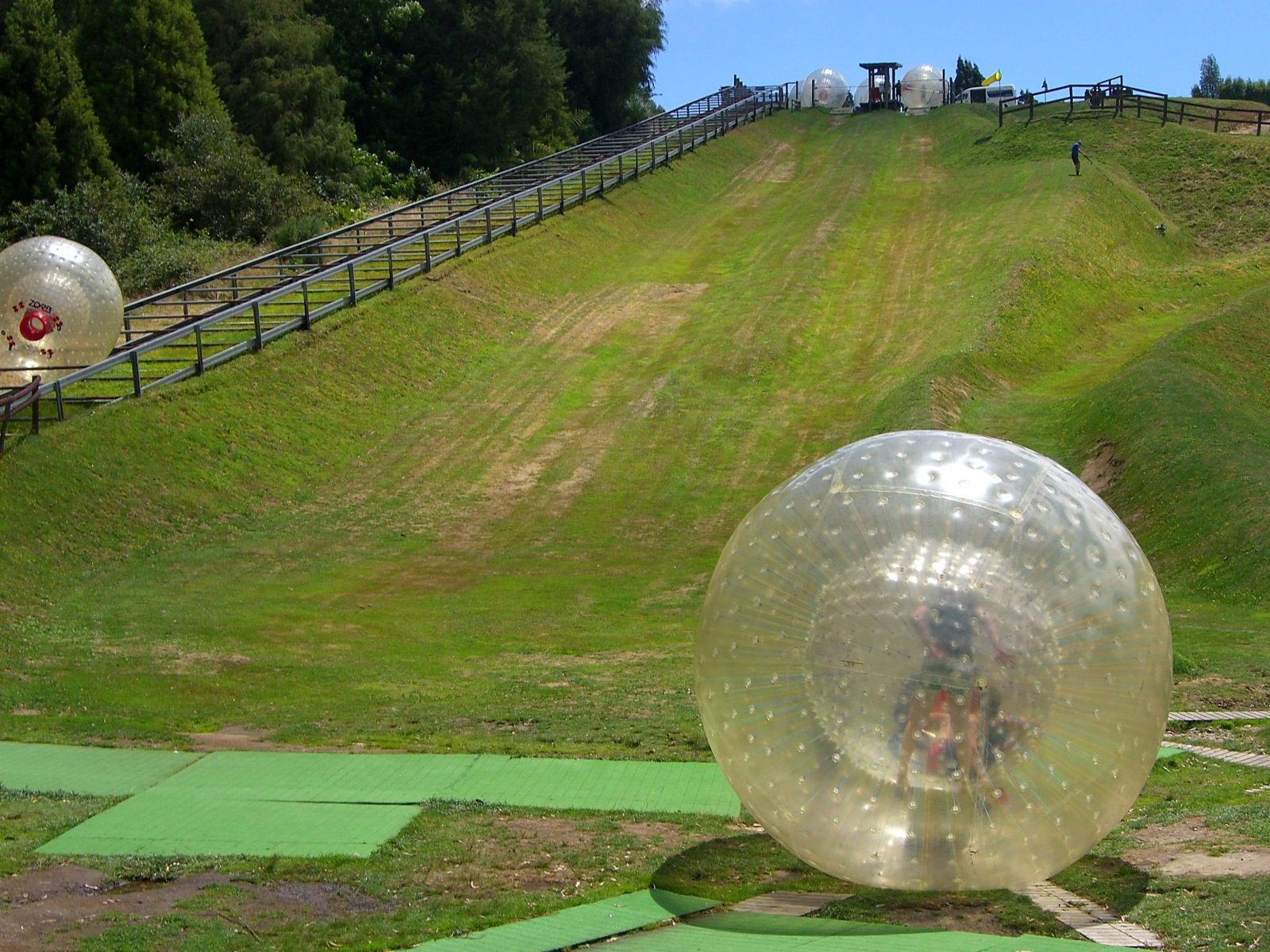 A zorb at the foot of the grass hill at ZORB Rotorua, New Zealand