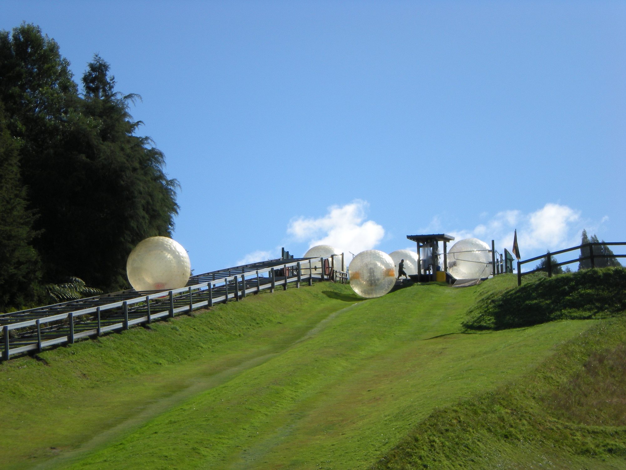 Orbs lined up at the top of the tracks at ZORB Rotorua, New Zealand